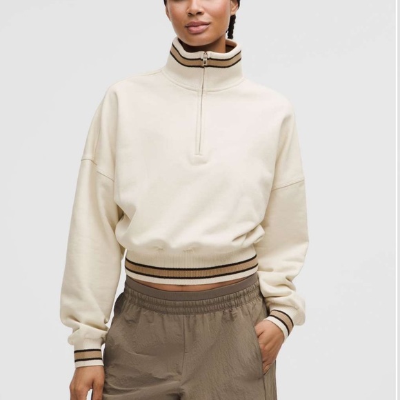 lululemon athletica Tops - lululemon athletica Cropped Cream Varsity Jacket with Striped Trim